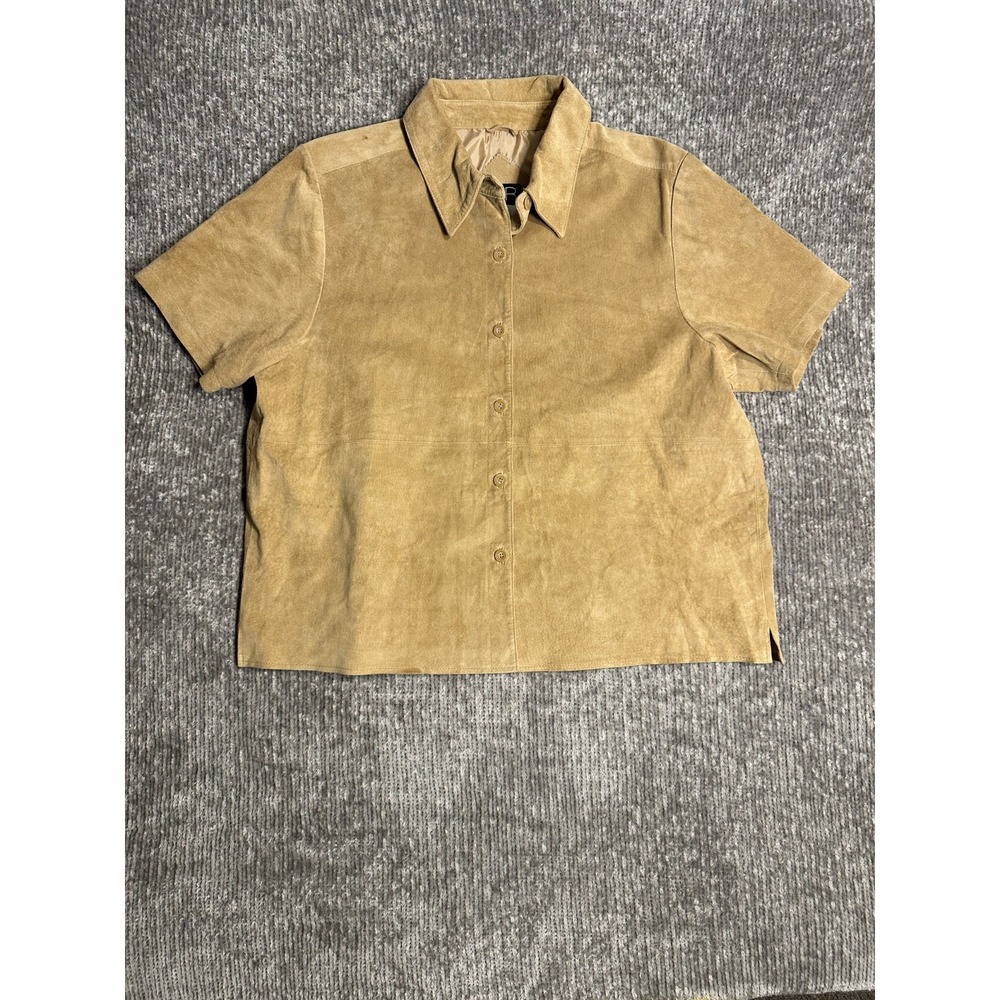 R2R Men's Leather Suede Solid Button-Up Shirt Short Sleeve XL Tan Beige Rare HTF